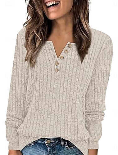  Damen Bluse Einfarbig Stilvoll Lässig Langarm V Ausschnitt Normale Oberteile Täglich Knöpfe Rosa Wein Marineblau Grün Beige Frühling Herbst