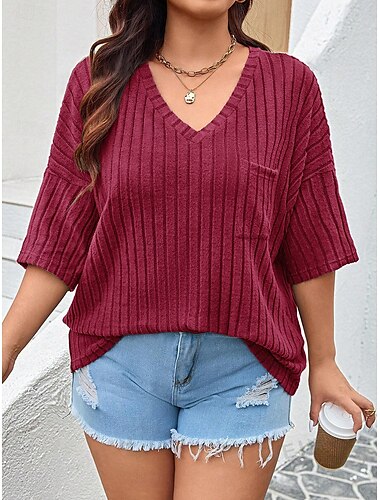  Damen Übergröße Oberteile T Shirt Einfarbig Tasche Kurzarm V Ausschnitt Lässig Täglich Polyester Sommer Frühling Schwarz Wein