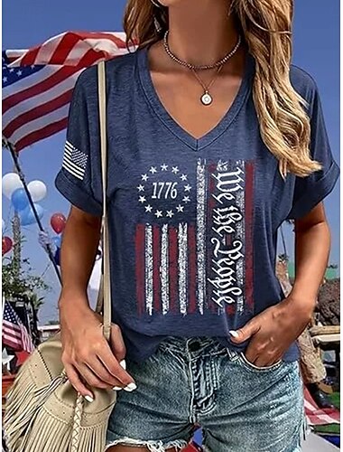  Onafhankelijkheidsdag Vrouwen Patriottisch Vierde Juli T-shirt Grafisch Amerikaanse Vlag Vintage Stijlvol Klassiek Korte Mouwen V-hals Reguliere Tops Dagelijkse Print Zwart Marineblauw Donkergrijs