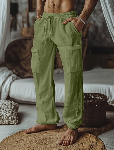  Herren Leinenhosen Hose Sommerhose Seitentaschen Elastischer Bund Kordelzug Einfach Komfort Atmungsaktiv Volle Länge Lässig Täglich Ferien Mode Klassicher Stil Schwarz Weiß