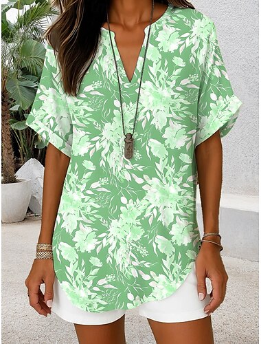  Damen Bluse Blumen Grafik Elegant Täglich Stilvoll Kurzarm V Ausschnitt Normale Oberteile Täglich Ferien Blau Purpur Grün Sommer Frühling