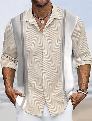  Herren Geometrisch Streifen Wellen Hemd Knopfhemd Lässiges Hemd Langarm Modisch lässig Urlaub Täglich Streetwear Sommer Frühling Umlegekragen 3D-Druck Hemden mit Kragen Khaki