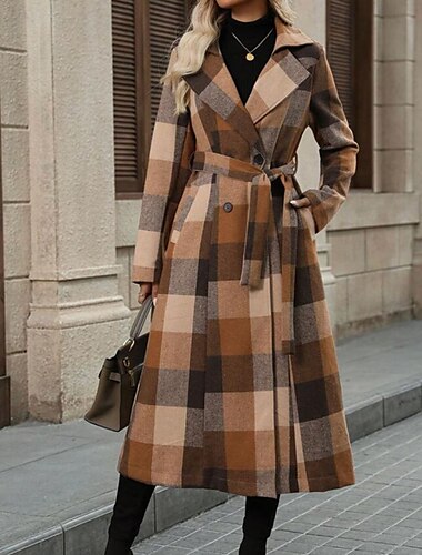  Damen Mantel Trenchcoat Warm Bequem Knöpfe Tasche Mode Modern Karomuster Urlaub Ausgehen Doppelreihig Lang Umlegekragen Normale Passform Langarm Oberbekleidung Kaffee Herbst Winter