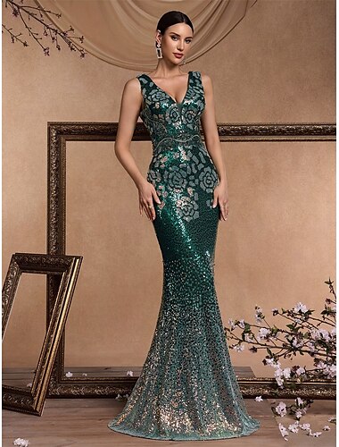  Meerjungfrauenschnitt Quinceanera-Kleider Elegant Kleid Formell Hochzeit Bodenlang Ärmellos V Ausschnitt Paillettenbesetzt Rückenfrei mit Paillette 2025