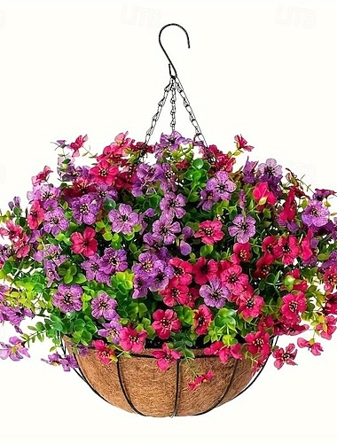 Künstliche Blumen für draußen mit Hängekorb, Hängepflanzgefäße, Blumen für Frühling, Sommer, Veranda, Garten, Terrasse, Heimdekoration