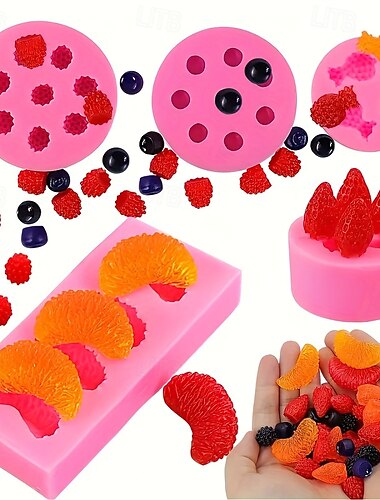  Moldes de silicona rosa para frutas, juego de 5 moldes de silicona rosa para frutas, para decorar velas, proyectos de bricolaje, formas de naranja, fresa, arándano, frambuesa y piña.
