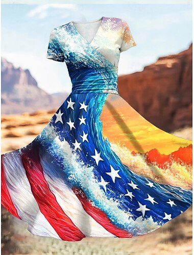  Unabhängigkeitstag Frauen Patriotisches vierter Juli Midi-Kleid Kleid Fit und Flare Kleid Party Casual Täglich Feiertag Grafik Flagge Sterne und Streifen Kurzarm V-Ausschnitt Königsblau Blau