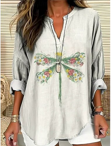  Damen Bluse Grafik Tiermotiv Libelle Bohemien Vintage Tropisch Langarm V Ausschnitt Normale Oberteile Täglich Ferien Strandbekleidung Druck Marineblau Staubiges Blau Hellgrau Beige Sommer Frühling