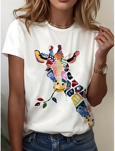  女性用 Tシャツ グラフィック 動物 キリン柄 ヴィンテージ スタイリッシュ クラシック 半袖 クルーネック ラウンドネック レギュラートップス 日常 週末 プリント ホワイト イエロー ブルー オレンジ ブラウン 夏 春