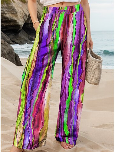  Damen Weites Bein Chinos Baggy-Hosen Urlaub Vintage Mode Volle Länge Hohe Taille Grafik Linien / Wellen Abstrakt Drucken Weich Atmungsaktiv Mikroelastisch Formell Outdoor Urlaub Gelb Blau Purpur Grün