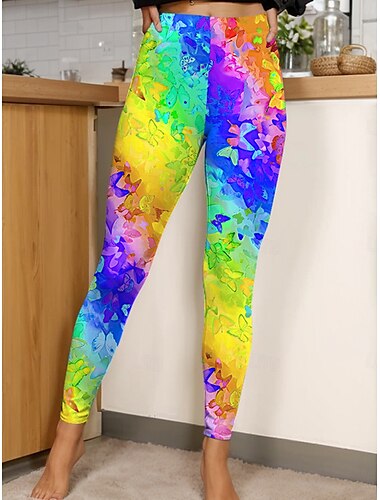  Damen Leggings Vintage Mode Lässig Volle Länge Hohe Taille Grafik Farbverlauf Drucken Atmungsaktiv Weich Dehnbar Urlaub Lässig Täglich Violett Rubinrot Gelb Grün Sommer Frühling Schmale Passform