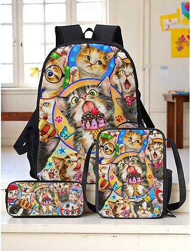 Ensemble de 3 sacs à dos pour enfants avec sac à lunch et trousse à crayons imprimés chat - style dessin animé mignon, durable et léger, parfait pour l'école des filles, les voyages et l'utilisation quotidienne Kayomi Harai