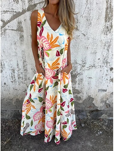  Damen Maxikleid A Linie Kleid Unterkleid Urlaub Lässig Boho Outdoor Ausgehen Normale Passform Blumen Ärmellos V Ausschnitt Blau Aprikose Beige Sommer