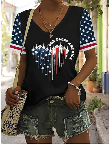  Independensdagen Kvinnors patriotiska Fjärde juli T-shirt Grafisk Växter Amerikansk Flagga Vintage Stilig Klassisk Kortärmad V-hals Regelbundna Toppar Dagligt Helgtryck Svart Vit Röd Ljusbrun Blå