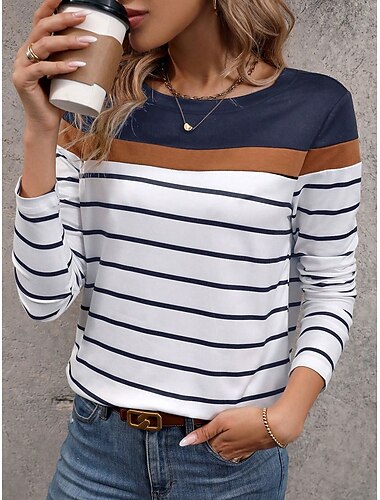  Maglietta da donna a maniche lunghe con scollo tondo tunica grafica a righe elegante classica casual top regolari stampa quotidiana nero blu navy verde grigio autunno