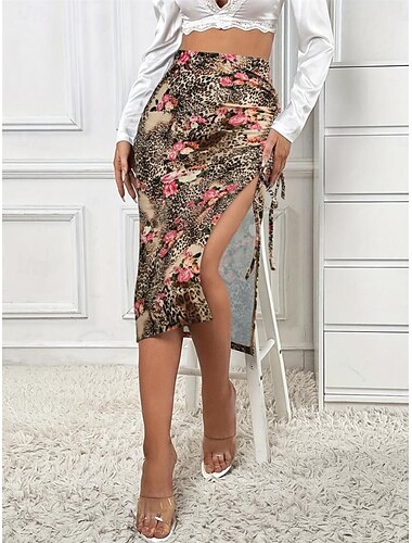  Damen Rock Figurbetont Mode Lässig Midi Hohe Taille Röcke Leopard Blumenmuster Druck Mikroelastisch Party Straße Khaki Sommer Polyester