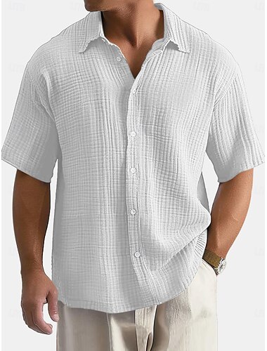  Herren Hemd Leinenhemd Sommerhemd Strandbekleidung Seersucker-Shirt Einfarbig Urlaub Straße Schwarz Weiß Wein Marineblau Kurzarm Hemdkragen Sommer Frühling Bekleidung Tasche