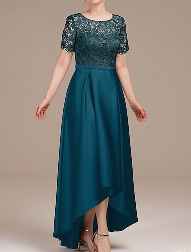  A-Linie Brautmutterkleid Elegant Einfach Minimalistisch U-Boot-Ausschnitt Bodenlang Satin Kurzarm mit Spitze 2025