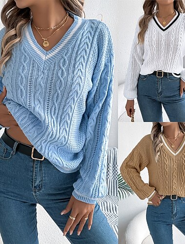 Femmes Pull Occasionnel Bloc de Couleur Côtelé Col en V Patchwork Tricoté manche longue Hauts Réguliers Tricoter Quotidien Fête Sortir Blanche Bleu Automne
