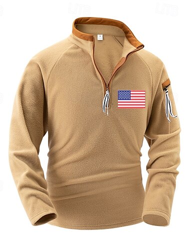  Herren Sweatshirt Viertelreißverschluss Sweatshirt Schwarz Marineblau Kamel Halber Reißverschluss Amerikanische US-Flagge Sport & Outdoor Täglich Ferien Polyester Streetwear Basic Lässig Frühling