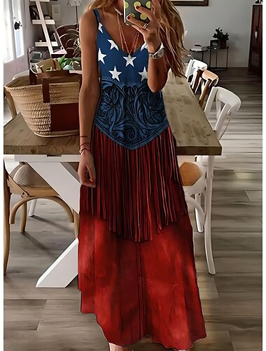  Unabhängigkeitstag Damen Patriotisches Vierteljuli Maxikleid A-Linie Kleid Slip Kleid Urlaub Lässig Täglich Feiertag Grafik Amerikanische Flagge Ärmellos V-Ausschnitt Spaghetti-Träger Weiß Rot