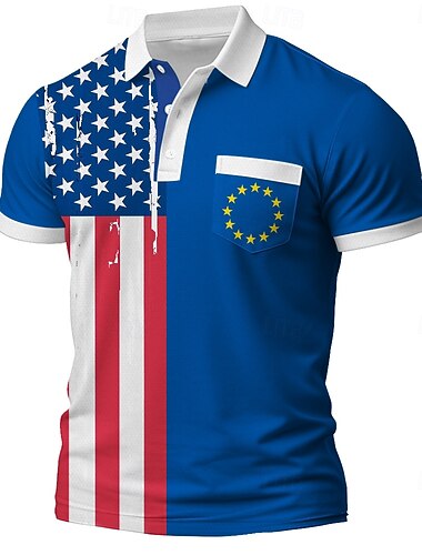  4. července 2026 250. Pánské Americká americká vlajka Pólo Krátký rukáv Polo tričko Košile s límečkem Na běžné nošení Oblečení na atletiku Denní nošení 3D tisk Knoflíky Léto Vodní modrá