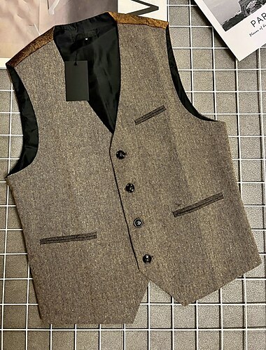  Herren Weste Gilet Urlaub Party Geschäft Mode Lässig Sommer Frühling Tasche Knöpfe Polyester Bequem Farbblock Einreihig Ein-Knopf V Ausschnitt Normale Passform Kaffee Weste
