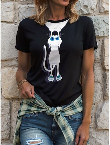  Women's T Shirt Graphic Animal Cat Vintage Stylish Classic Short Sleeve Crew Neck Round Neck Regular Tops Daily Weekend Print Black White Pink Red Blue Summer Spring
