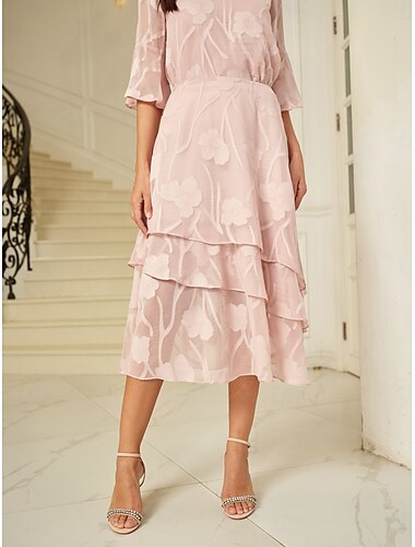  Dam Kjol Elegant Midi Medium Midja Kjolar Blommig Multi lager Oelastisk Fest Casual Rosa Sommar Chiffong