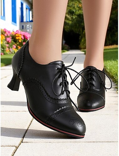  Burgunderrote Brogue-Schnürschuhe für Damen – Oxford-Schuhe aus Leder im Vintage-Stil der 50er Jahre mit niedrigem Absatz für Freizeit, Arbeit und Vintage-Events