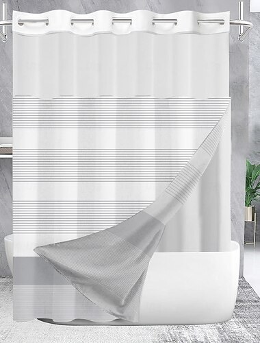  Geometrischer Duschvorhang ohne Haken, gestreift, mit einrastbarem Stofffutter, transparentes Fensteroberteil, wasserdichter doppellagiger Badewannenvorhang