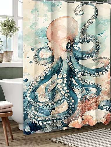 Douchegordijn in de vorm van een zeeschildpad met haken voor de badkamer, douchegordijn, badkamerdecoratieset van polyester, waterdicht, 12 stuks, plastic haken