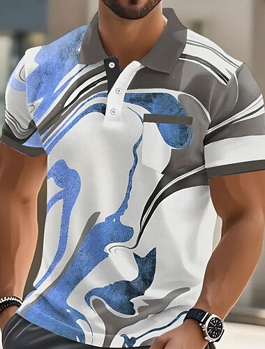  Herren Abstrakt Marmor Polo Kurzarm Polo-Shirts Hemden mit Kragen Lässig Outdoor Athleisure Alltagskleidung Tasche 3D-Druck Knöpfe Sommer Meerblau Gelb Blau