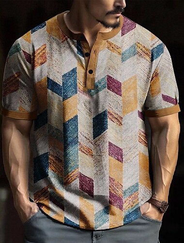  Hombre Geométrico Camiseta Henley Shirt Manga Corta Design Retro Antiguo Casual Calle Casual Diario Verano Primavera Caqui Henley Camiseta Henley