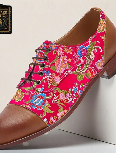  Chaussures Oxford rouges à motif floral jacquard pour homme – Richelieus à lacets colorés avec bout marron, parfaits pour les fêtes et les rassemblements formels