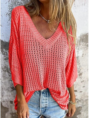  Damen Bluse Einfarbig Stilvoll Lässig Dreiviertelarm V Ausschnitt Normale Oberteile Täglich Ausschnitt Schwarz Weiß Rote Khaki Dunkelgray Sommer