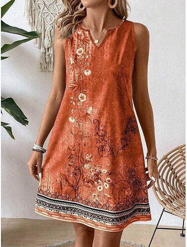  Damen Minikleid Sommerkleid Trägerloses Kleid Lässig Täglich Normale Passform Blumen Ärmellos V Ausschnitt Orange Sommer