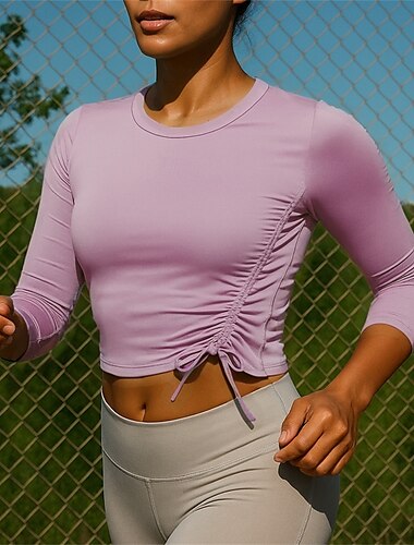  Damen Lauf-T-Shirt Laufoberteil Sporttop Kordelzug Langarm T-Shirt Schnelltrocknend Leicht Atmungsaktiv Laufen Yoga Sportbekleidung Sportkleidung Einfarbig Schwarz Rosa Rote