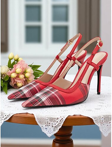  grüne karierte Slingback-Stilettos für Damen – High Heels mit spitzer Zehenpartie im Retro-Tartan-Stil für Frühlingspartys, Nachmittagstees und Vintage-inspirierte Looks