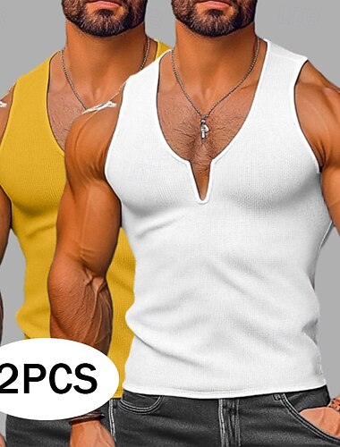 Ανδρικά Βάφλα Tank Top Αμάνικη Μπλούζα Γιλέκο Φανέλα Αμάνικο Λαιμόκοψη V Καλοκαίρι Σκέτο Μοντέρνα Κλασσικό Καθημερινό 2 τεμάχια Δρόμος Causal Αθλητικά Κίτρινο+Μπλε Κίτρινο + Ανοιχτό Γκρι Γκρίζο+Άσπρο