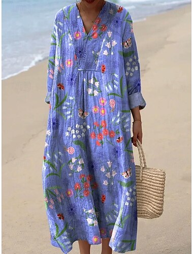  Damen Midikleid Sommerkleid A Linie Kleid Urlaub Lässig Boho Ausgehen Blumen Grafik Langarm V Ausschnitt Rosa Blau Violett Fuchsie Sommer Frühling