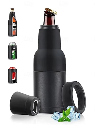  Bierflaschen- und Dosenkühler, vakuumisolierter Bierhalter aus Edelstahl mit Öffner, passend für schmale Dosen und Flaschen, doppelwandiger Getränkekühler als Geschenk für Männer, Mitternachtsschwarz