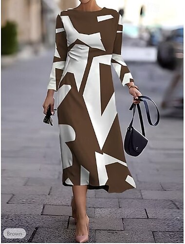  Damen Midikleid A Linie Kleid Urlaub Lässig Täglich Schlank Grafik Geometrisch Langarm Rundhalsausschnitt Blau Purpur Braun Grau Sommer Frühling