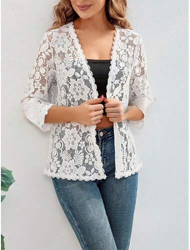  Γυναικεία Casual Jacket Αναπνέει Άνετο Δαντέλα Κουρελού Καθημερινό Σκέτο Διακοπές Δρόμος Causal Καθημερινά Ρούχα Μονόπετο Κανονικό Λαιμόκοψη V Κανονικό Μακρυμάνικο Εξωτερικά ενδύματα Λευκό
