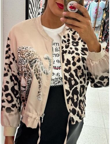  Damen Bomberjacke Bequem Atmungsaktiv Reißverschluss Druck Lässig Leopard Urlaub Straße Lässig Alltagskleidung Reisverschluss Regulär Stehkragen Normale Passform Langarm Oberbekleidung Schwarz Wei