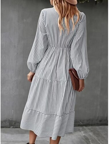  Damen Midikleid A Linie Kleid Lässig Täglich Lässiger Schnitt Gestreift Langarm V Ausschnitt Schwarz Blau Grün Frühling Herbst