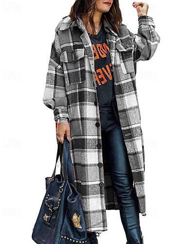  Damen Trenchcoat Bequem Knöpfe Tasche Modern Streetstyle Karomuster Ausgehen Alltagstauglich Einreihig Lang Umlegekragen Normale Passform Langarm Oberbekleidung Rote Rosenrot Grau Herbst Winter