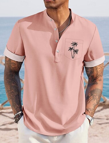  Herren Kokospalme Tropische Pflanzen Hawaiihemden Henley Hemd Stehkragenhemd Kurzarm Hawaiianisch Urlaub Lässig Sommer Frühling Mandarinkragen Stehkragen Knöpfe Eine Tasche vorne Leinenähnliches Hemd