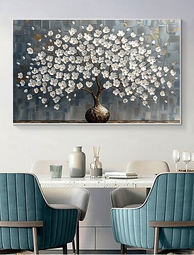  Dipinto a olio originale fatto a mano con fiori di ciliegio bianchi in fiore su tela, arte murale floreale astratta per l'arredamento della casa con cornice tesa senza cornice interna.