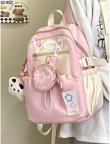  Süßer Campus-Rucksack in Makronenfarbe für Mädchen – leichte Schultasche mit Plüschanhänger und Mini-Tasche für Teenager und Studenten